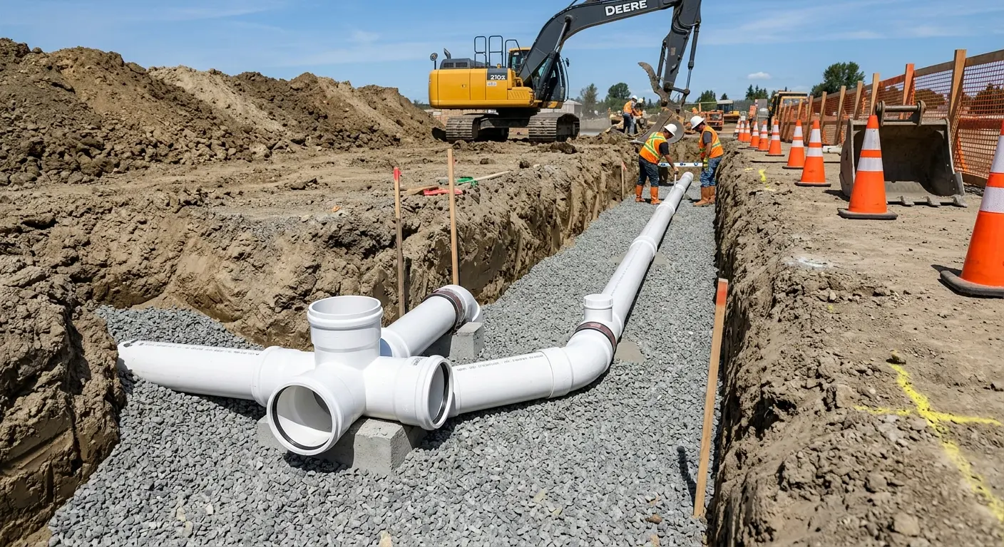 New PVC sewer pipe installation in open trench for Commercial Drain Cleaning in Park Hills